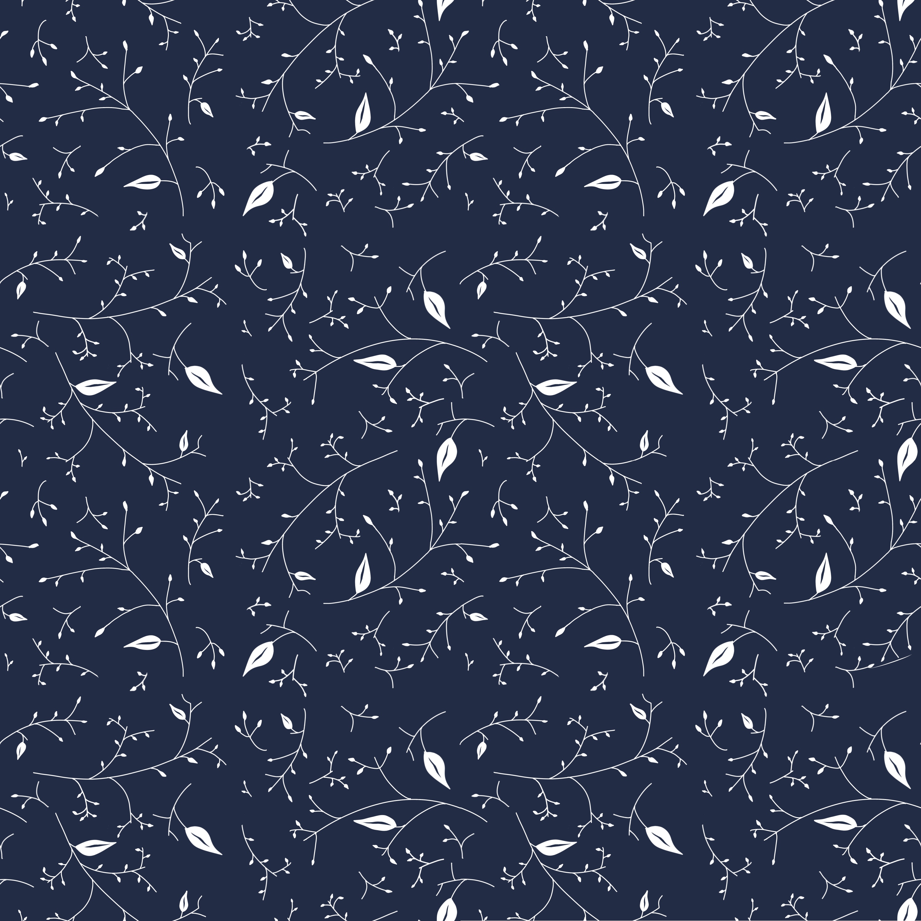 navy background with white leaf and branch design